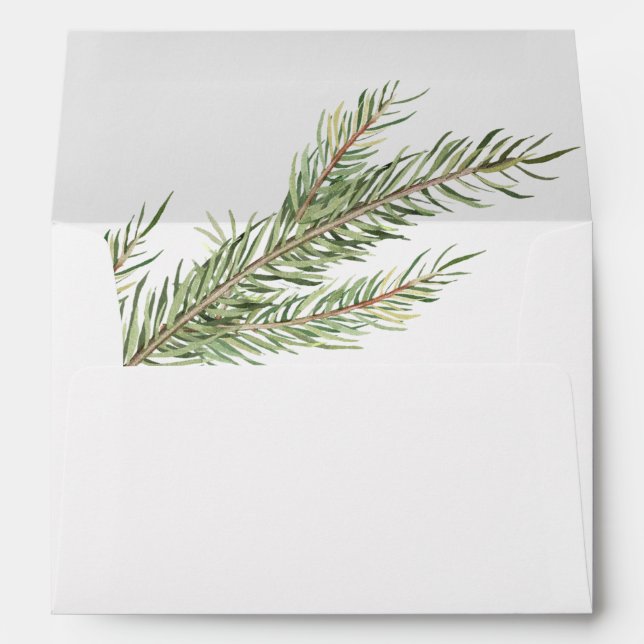 Minimalist Winter Pine Tree Branch White Wedding Envelope (Back (Bottom))