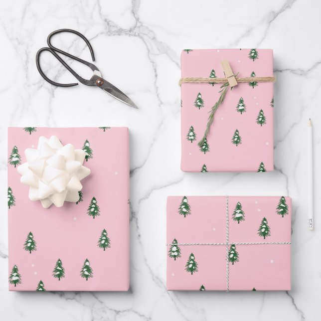 Minimalist Winter Pine Tree Forest Pink     Wrapping Paper Sheets (Front)