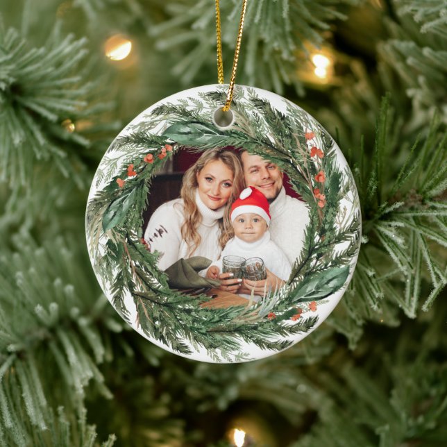 Minimalist Winter Pine Wreath Photo  Ceramic Ornament (Tree)