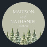 Minimalist Winter Snowy Pine Tree Forest Wedding Classic Round Sticker<br><div class="desc">This is a Minimalist Winter Snowy Pine Tree Forest Wedding Party Favor Stickers!</div>