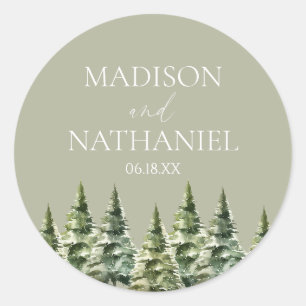 Minimalist Winter Snowy Pine Tree Forest Wedding Classic Round Sticker