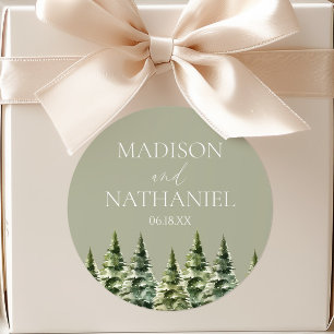 Minimalist Winter Snowy Pine Tree Forest Wedding Classic Round Sticker