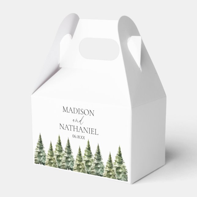 Minimalist Winter Snowy Pine Tree Forest Wedding Favor Boxes (Front Side)