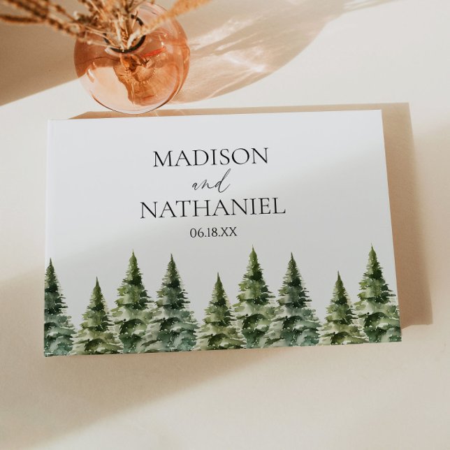 Minimalist Winter Snowy Pine Tree Forest Wedding Guest Book (Creator Uploaded)