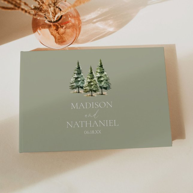Minimalist Winter Snowy Pine Tree Forest Wedding Guest Book (Creator Uploaded)