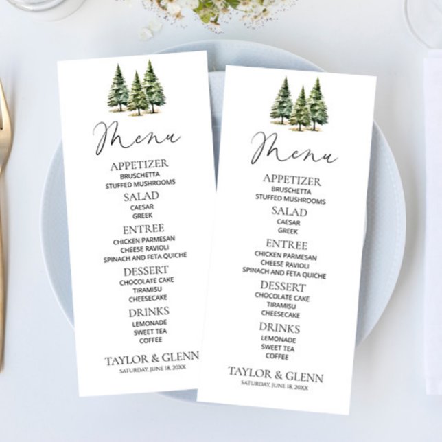 Minimalist Winter Snowy Pine Tree Forest Wedding Menu (Creator Uploaded)