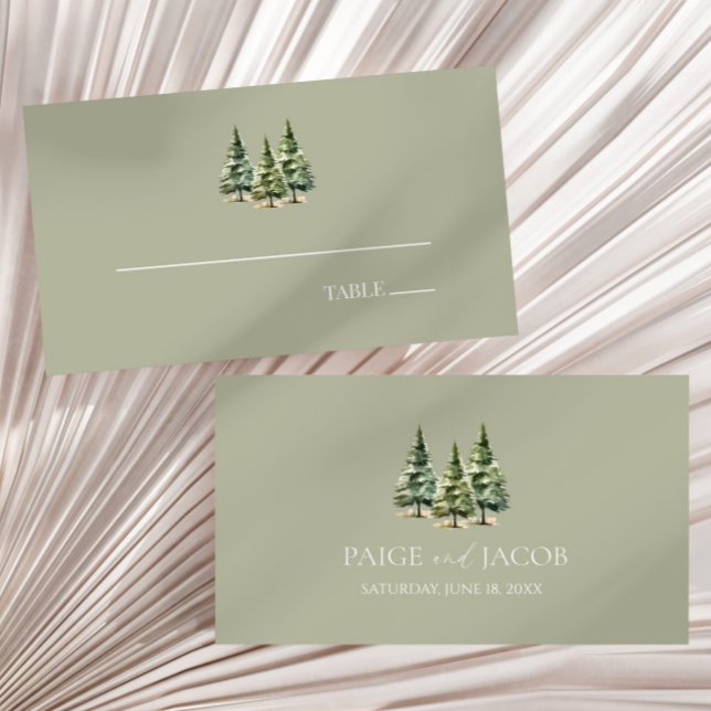 Minimalist Winter Snowy Pine Tree Forest Wedding Place Card (Creator Uploaded)