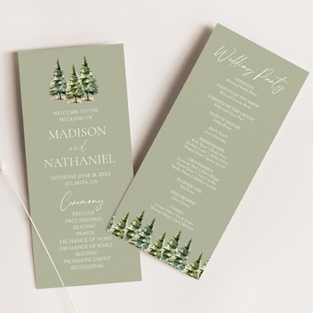 Minimalist Winter Snowy Pine Tree Forest Wedding Program (Creator Uploaded)