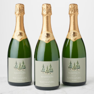 Minimalist Winter Snowy Pine Tree Forest Wedding Sparkling Wine Label