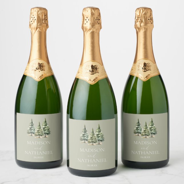 Minimalist Winter Snowy Pine Tree Forest Wedding Sparkling Wine Label (Bottles)