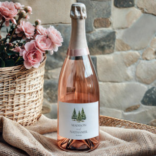 Minimalist Winter Snowy Pine Tree Forest Wedding Sparkling Wine Label