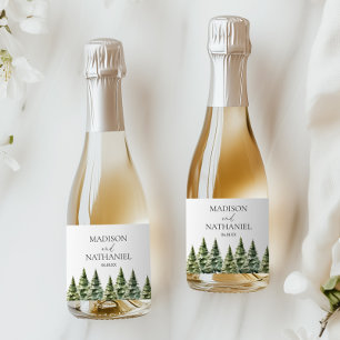Minimalist Winter Snowy Pine Tree Forest Wedding Sparkling Wine Label
