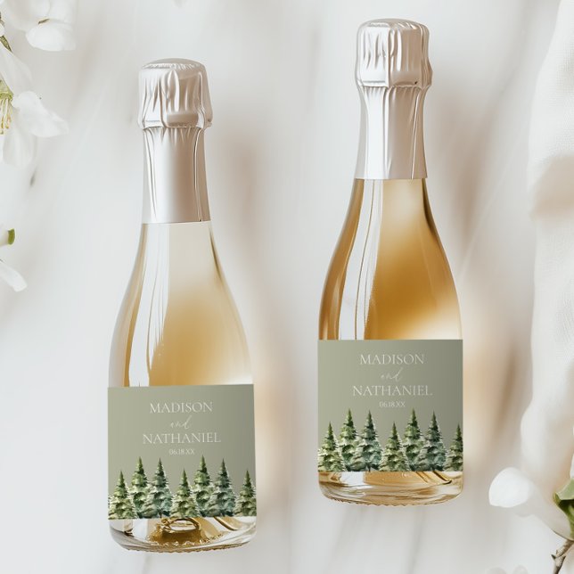 Minimalist Winter Snowy Pine Tree Forest Wedding Sparkling Wine Label (Creator Uploaded)