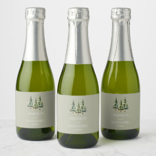 Minimalist Winter Snowy Pine Tree Forest Wedding Sparkling Wine Label