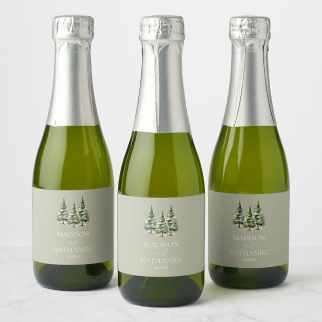 Minimalist Winter Snowy Pine Tree Forest Wedding Sparkling Wine Label (Bottles)