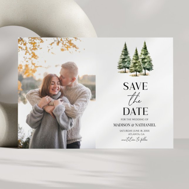 Minimalist Winter Snowy Pine Trees Photo Wedding Save The Date (Creator Uploaded)