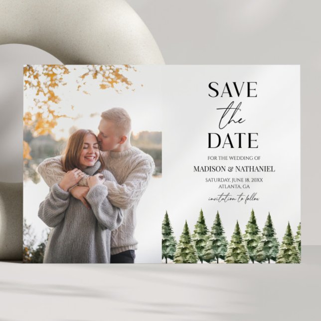 Minimalist Winter Snowy Pine Trees Photo Wedding Save The Date (Creator Uploaded)