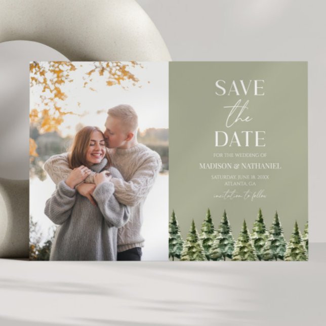 Minimalist Winter Snowy Pine Trees Photo Wedding Save The Date (Creator Uploaded)