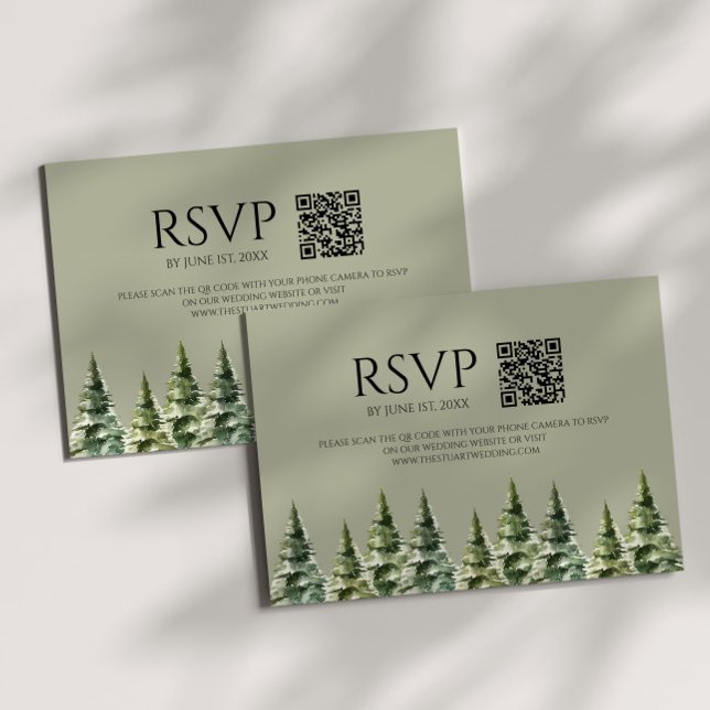 Minimalist Winter Snowy Pine Trees QR Code Wedding RSVP Card (Creator Uploaded)