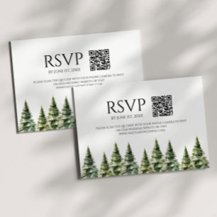 Minimalist Winter Snowy Pine Trees QR Code Wedding RSVP Card