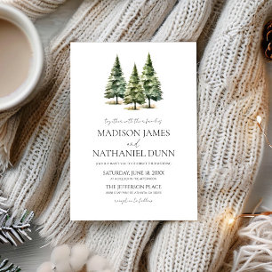 Minimalist Winter Snowy Pine Trees Wedding Invitation