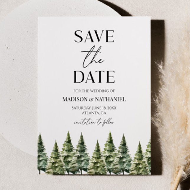 Minimalist Winter Snowy Pine Trees Wedding Save The Date (Creator Uploaded)