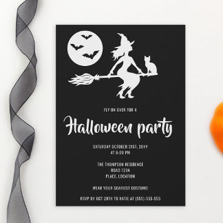 Minimalist Witch Black And White Halloween Party Invitation