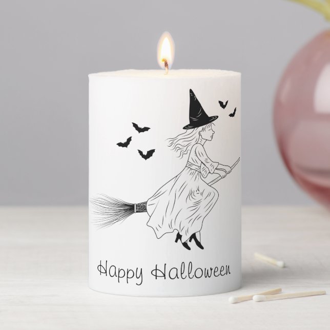 Minimalist Witch Girl And Bats Happy Halloween Pillar Candle (In Situ)