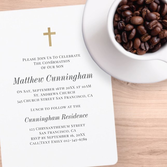 Minimalist with Faux Gold Cross Boy Confirmation Invitation (Creator Uploaded)
