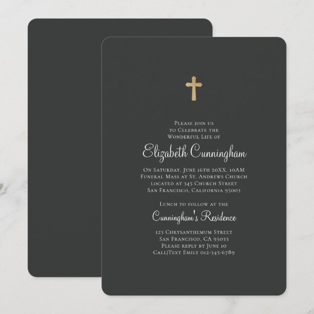 Minimalist with Faux Gold Cross Memorial Funeral Invitation (Front/Back)