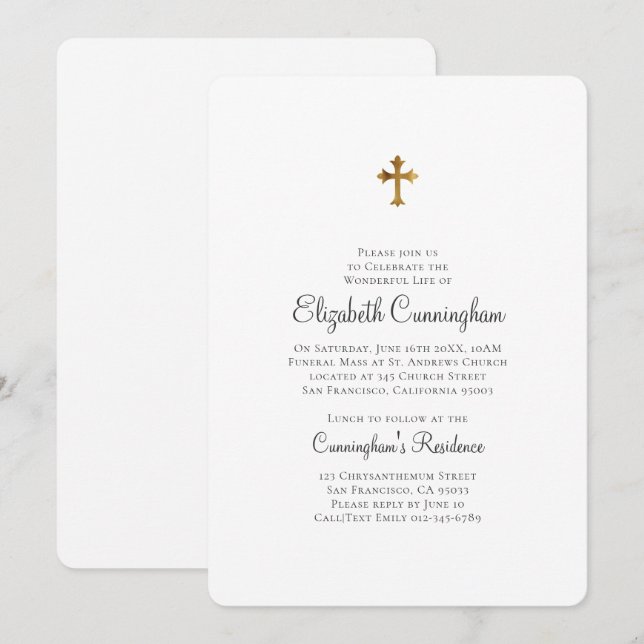 Minimalist with Faux Gold Cross Memorial Funeral Invitation (Front/Back)