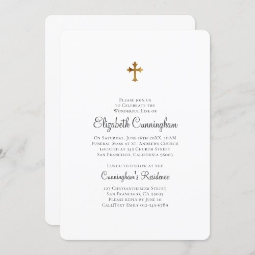 Minimalist with Faux Gold Cross Memorial Funeral Invitation