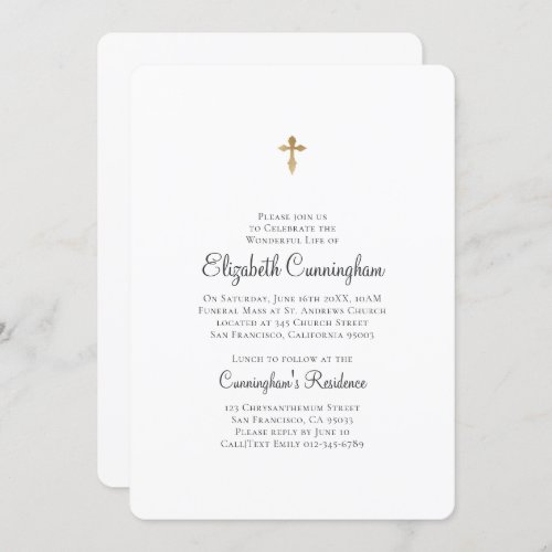 Minimalist with Faux Gold Cross Memorial Funeral Invitation