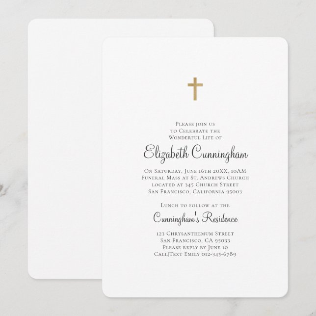 Minimalist with Faux Gold Cross Memorial Funeral Invitation (Front/Back)