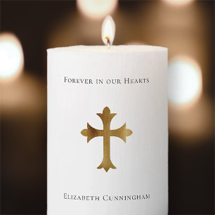Minimalist with Faux Gold Cross Memorial Funeral Pillar Candle
