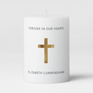 Minimalist with Faux Gold Cross Memorial Funeral Pillar Candle