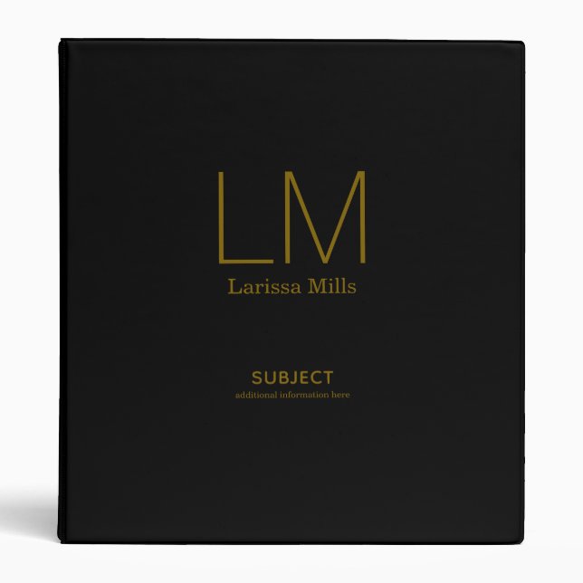 Minimalist (with name and initials) Black  3 Ring Binder (Front)
