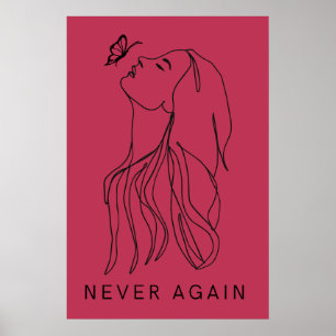Minimalist Woman and Butterfly Fuchsia Line Art Poster