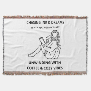 MINIMALIST WOMAN READING & COFFEE LINE ART POSTER  THROW BLANKET
