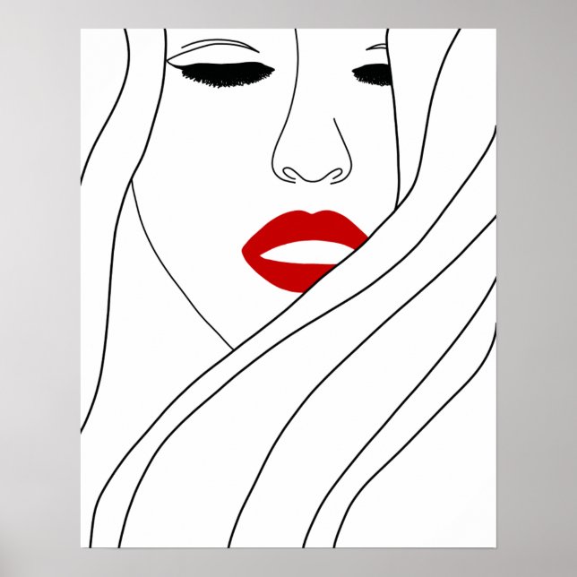 Minimalist Woman With Red Lips Line Art Poster (Front)
