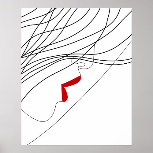 Minimalist Woman With Red Lips Line Art Poster