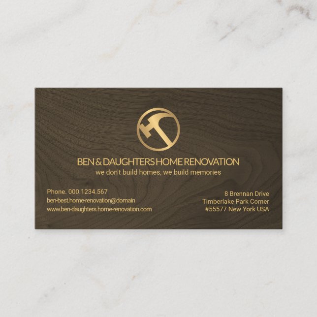 Minimalist Wood Grain Panel Gold Hammer Carpenter Business Card (Front)
