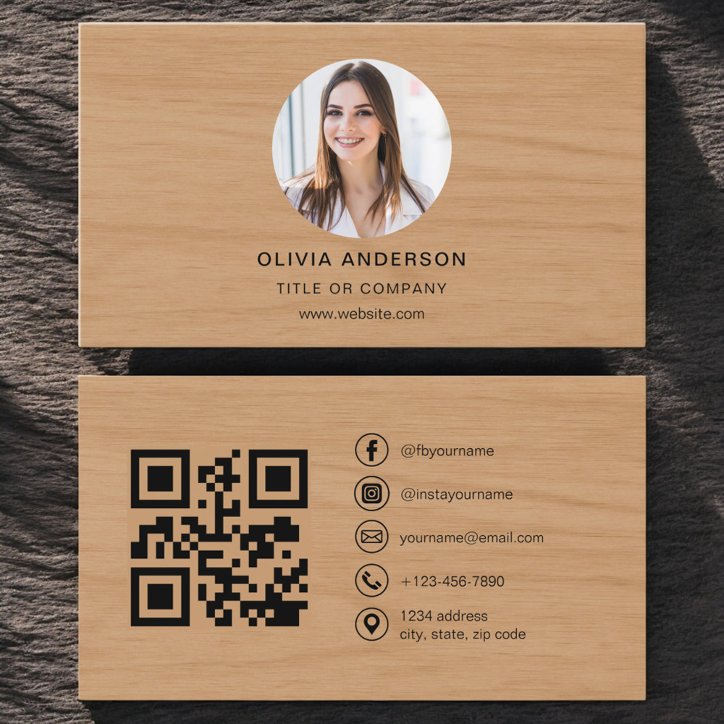 Minimalist Wood Photo With QR Code Social Media Business Card