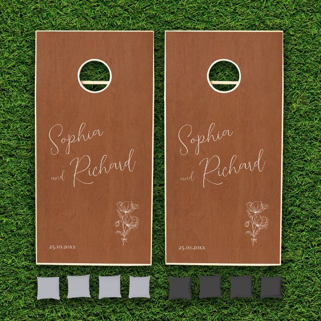Minimalist Wood Terracotta Boho Botanicals Wedding Cornhole Set (Creator Uploaded)