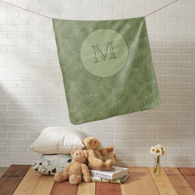 Minimalist Woodland Green Leaf Monogram Baby Blanket (In Situ)