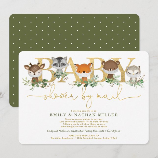 Minimalist Woodland Greenery Baby Shower By Mail Invitation (Front/Back)