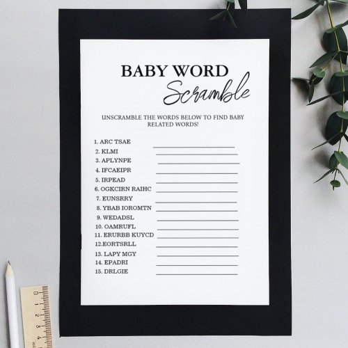  Minimalist word scramble baby shower game card