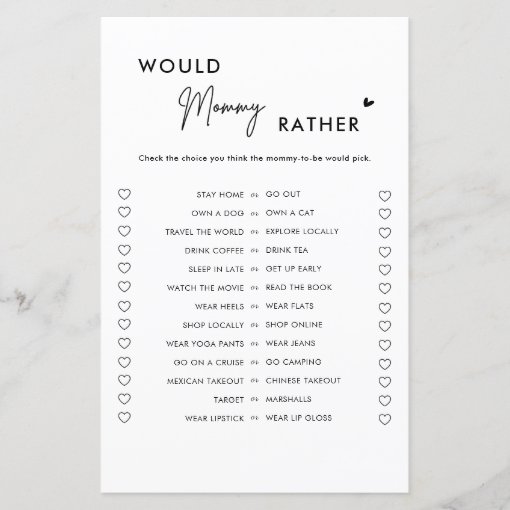 Minimalist Would Mommy Rather Baby Shower Game | Zazzle