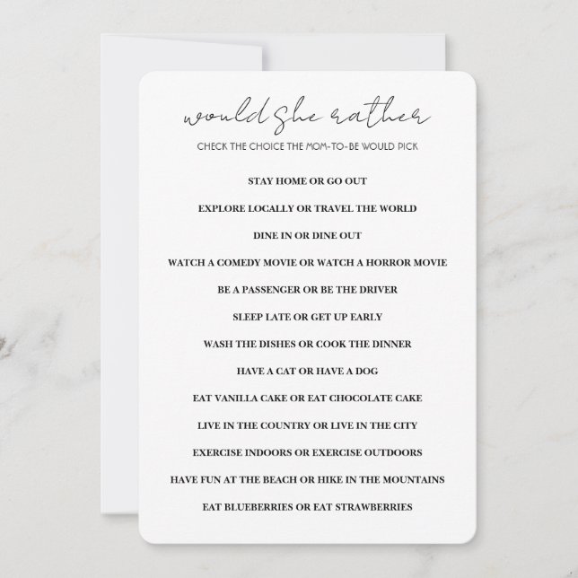 Minimalist Would She Rather Baby Shower Game Invitation (Front)