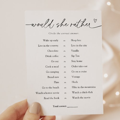 Minimalist Would She Rather Bridal Game Card